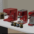 Red Daily Use Coffee Makers On Kitchen Counter With Coffee Cans And Bags 3d model