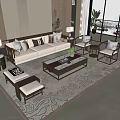 Modern Sofa and Coffee Table Set with Decorative Pillows Armchairs Side Tables and Ornate Rug