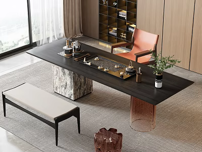 Modern Tea Table Set With Black Table Marble Base Orange Chair And Green Plant 3d model