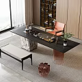 Modern Tea Table Set With Black Table Marble Base Orange Chair And Green Plant