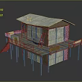 Rustic Wooden Stilt House With Elevated Deck Green Roof Windows And Staircase