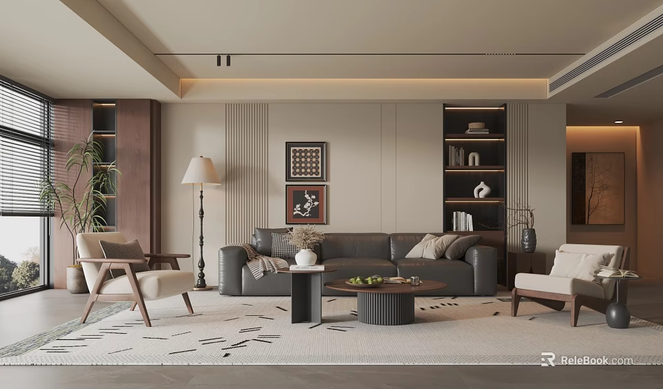 Modern Living Room Interior With Gray Sofa Wooden Bookshelves Coffee Table And Armchairs 3d model 