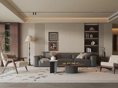 Modern Living Room Interior With Gray Sofa Wooden Bookshelves Coffee Table And Armchairs 3d model
