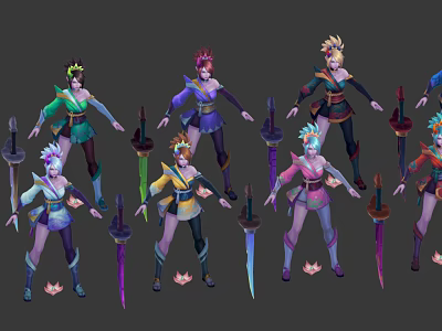Colorful Female Game And Movie Characters With Swords And Unique Costumes 3d model