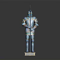 Blue Knight Armor With Ornate Design Axe Spear And Golden Base