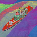 Red Water Vessel With Upper Structure And Antennas Sailing On Blue Water