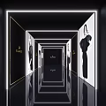 Modern Elevator Hallway Design With LED Lighting Mirror Walls And Fashion Posters
