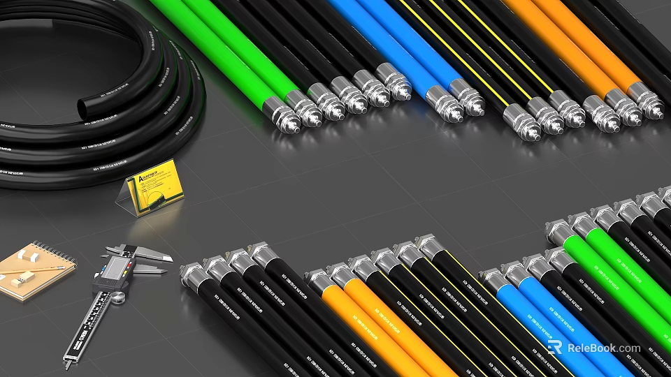 Assorted Colored Hoses With Metal Fittings And Tools On Gray Surface 3d model 