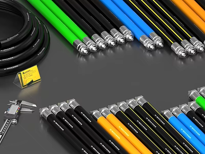 Assorted Colored Hoses With Metal Fittings And Tools On Gray Surface 3d model