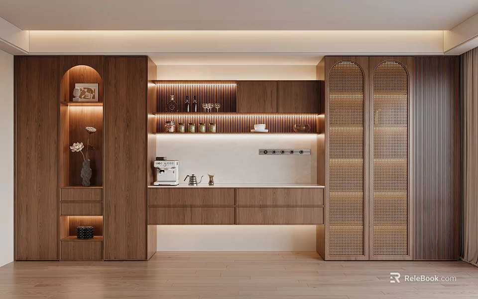 Modern Wooden Sideboard With Lighting Design Storage And Lattice Glass Doors 3d model 