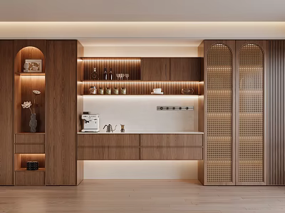 Modern Wooden Sideboard With Lighting Design Storage And Lattice Glass Doors 3d model