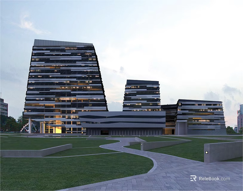 Modern Cultural Center Architectural Design With Glass Curtain Walls Lawn Pathways And Evening Lighting 3d model 