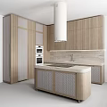 Modern Kitchen Interior With Wooden Cabinets Marble Countertop Island And White Range Hood