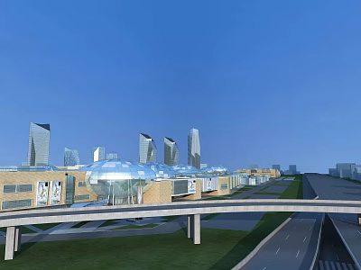 Modern Commercial Street with Glass Dome and Overpass Green Lawn Near High Rise Buildings 3d model