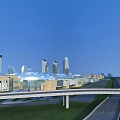 Modern Commercial Street with Glass Dome and Overpass Green Lawn Near High Rise Buildings