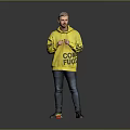 A Man In Yellow Hoodie With COMFORT Text Blue Jeans Colorful Sneakers Against Grey Background
