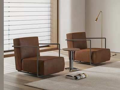 Modern Single Armchair Interior With Two Brown Seats Small Table Floor Lamp And Wooden Rug 3d model