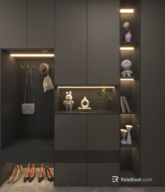Modern Dark Wood Shoe Cabinet With Storage Hooks Decorative Items And LED Lighting 3d model 