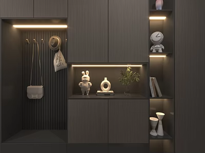 Modern Dark Wood Shoe Cabinet With Storage Hooks Decorative Items And LED Lighting 3d model