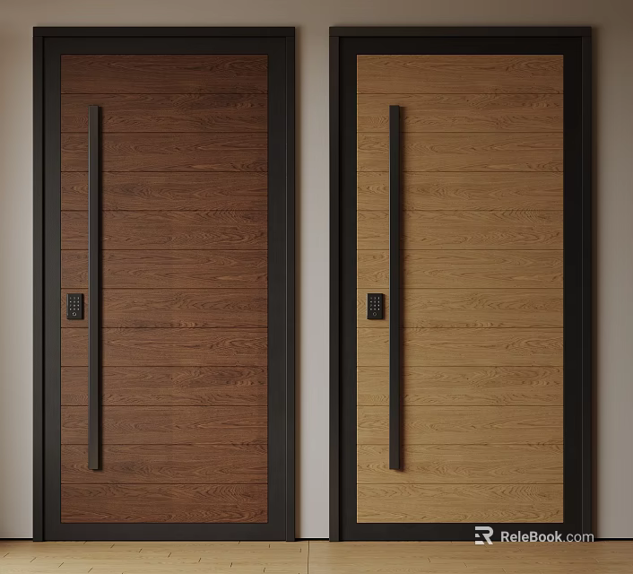 Modern Security Doors With Wooden Texture Black Frames And Electronic Keypad Locks 3d model