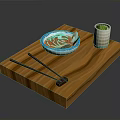 Wooden Tray With Red Soup Bowl Shrimp Chopsticks And Green Vegetable Cup