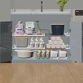 Organized Storage Cabinet with Laundry Detergent Powder Plates Cleaning Bottles and Small Boxes