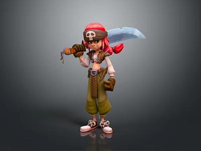 Red Haired Pirate Game And Movie Character Wearing Skull Hat Holding Large Sword 3d model