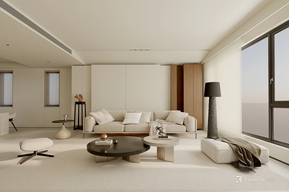 Modern Living Room Interior With Beige Sofa Round Coffee Table Floor Lamp And Large Window 3d model 