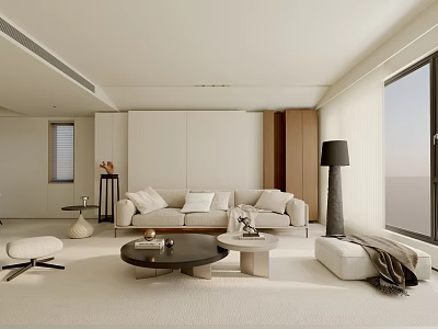 Modern Living Room Interior With Beige Sofa Round Coffee Table Floor Lamp And Large Window 3d model