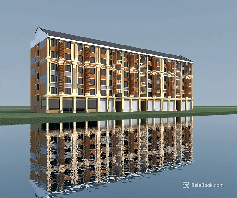 Multi story Office Building With Brick Yellow And White Facade Water Reflection And Green Lawn 3d model 