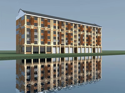 Multi story Office Building With Brick Yellow And White Facade Water Reflection And Green Lawn 3d model