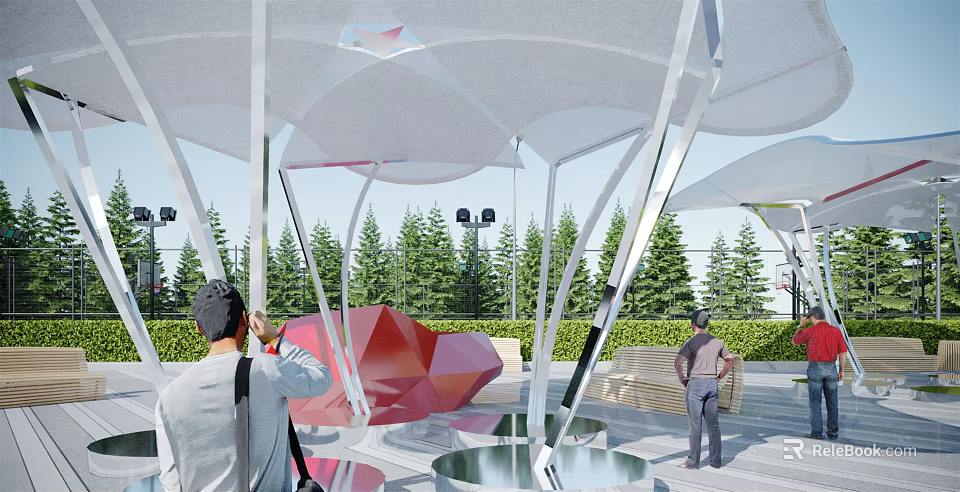 Modern Tensile Membrane Outdoor Structure With Supporting Frames And Green Trees 3d model 