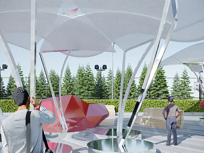 Modern Tensile Membrane Outdoor Structure With Supporting Frames And Green Trees 3d model