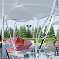 Modern Tensile Membrane Outdoor Structure With Supporting Frames And Green Trees
