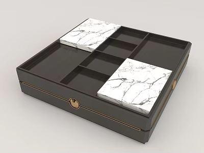 Modern Black Coffee Table Featuring White Marble Panels And Gold Accent Storage Compartments 3d model