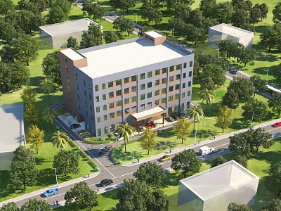 Modern Multi Storey Industrial Factory Building With Lush Green Trees Surrounding Roads And Parked Vehicles 3d model