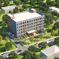 Modern Multi Storey Industrial Factory Building With Lush Green Trees Surrounding Roads And Parked Vehicles