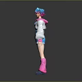Stylish Game Movie Character With Blue Pink Hair White Top Blue Shorts And Pink Boots
