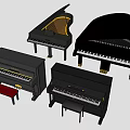 Various Styles Of Acoustic Pianos In Black And Brown With Matching Benches For Home Use