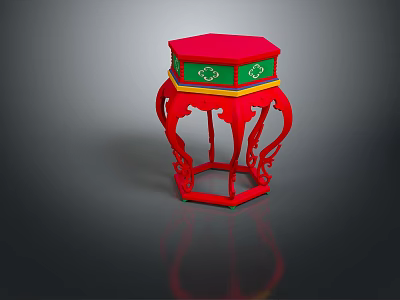 Traditional Chinese Red Stool With Green Top Decorative Carved Legs And Ornate Edge Details 3d model