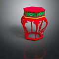Traditional Chinese Red Stool With Green Top Decorative Carved Legs And Ornate Edge Details