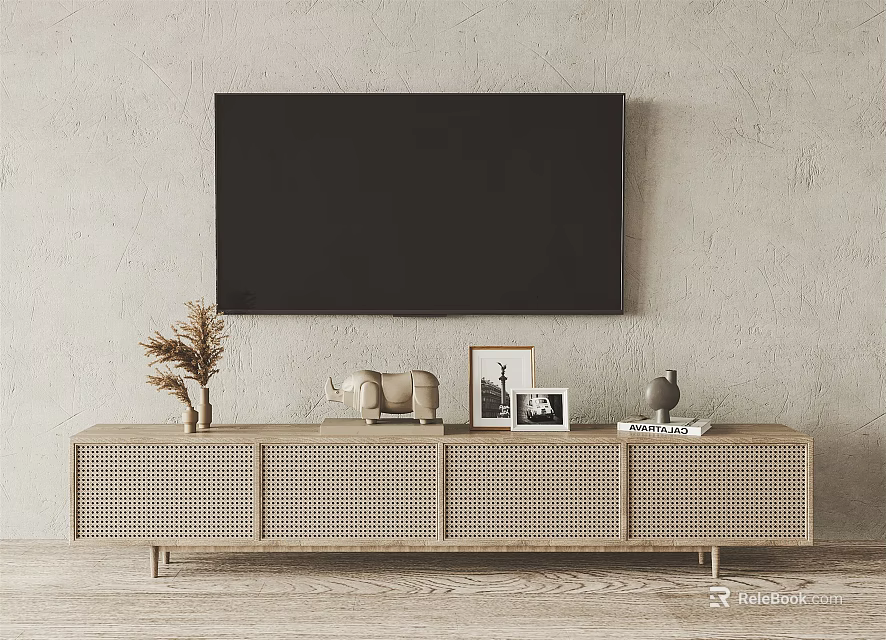 Light Wooden TV Stand with Woven Cabinet Doors and Decorative Items on Light Gray Wall 3d model 