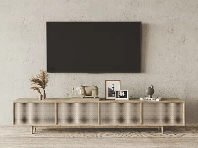 Light Wooden TV Stand with Woven Cabinet Doors and Decorative Items on Light Gray Wall 3d model