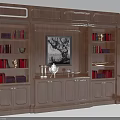 Wooden Bookshelf With Multiple Shelves Red Books Decorative Items Central Painting And Bottom Cabinet Doors