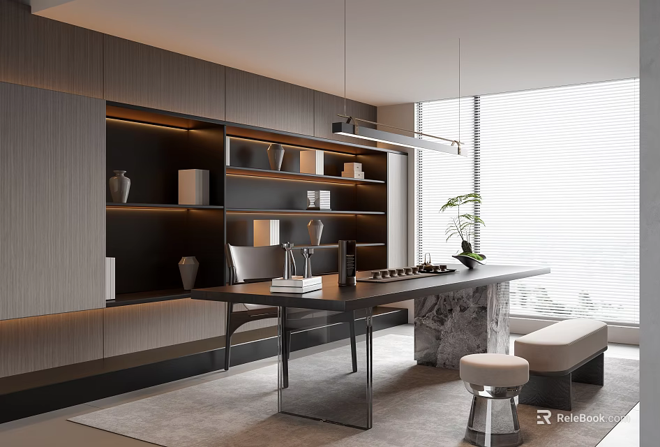 Modern Open Tea Room Interior Design With Long Wooden Table Bookshelves And Potted Plants 3d model 
