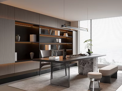 Modern Open Tea Room Interior Design With Long Wooden Table Bookshelves And Potted Plants 3d model