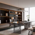 Modern Open Tea Room Interior Design With Long Wooden Table Bookshelves And Potted Plants