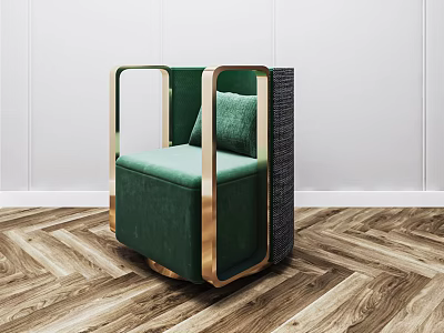 Velvet Green Accent Chair With Gold Frame And Pillow On Herringbone Wooden Floor 3d model