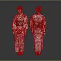 Women Wearing Traditional Kimono With Pink Floral Pattern And Black Obi Front Back View