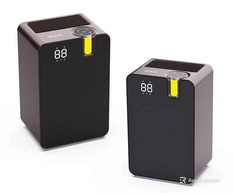 Modern Brown Household Air Purifiers With Digital Display Yellow Buttons Square Mesh Panels 3d model 